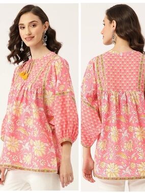 ES by Eswari bohemian cotton peasant top with batwing sleeve, babydoll style, L